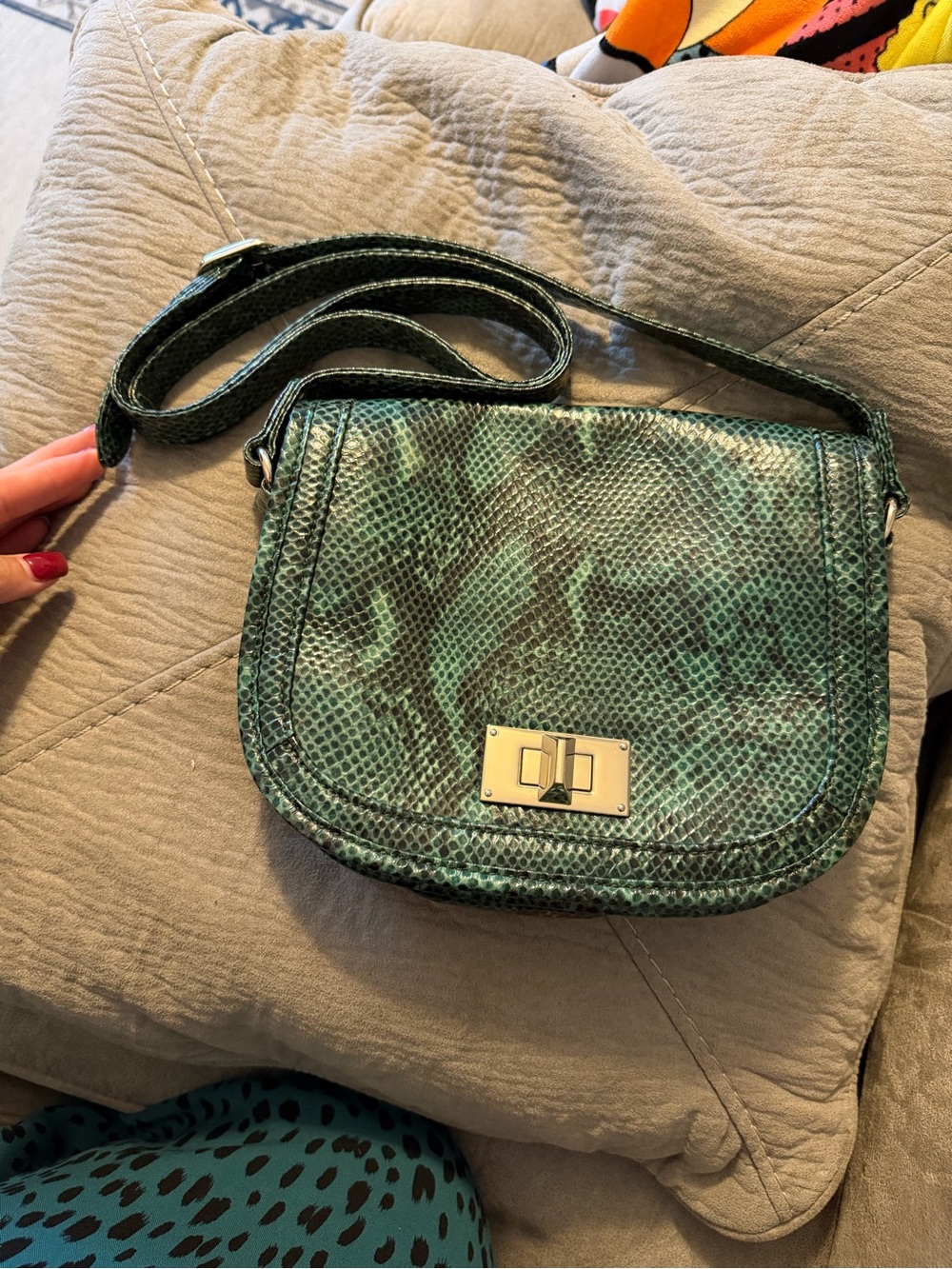 Talbots Green Snake-Texture Crossbody Bag with Gold Turn-Lock